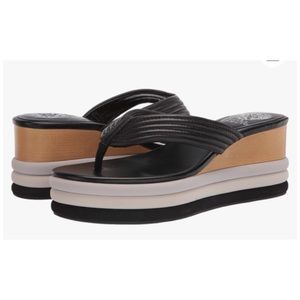 Vince Camuto VC-Perseena Black Baby Sheep Wedge Thong Platform Sandals
